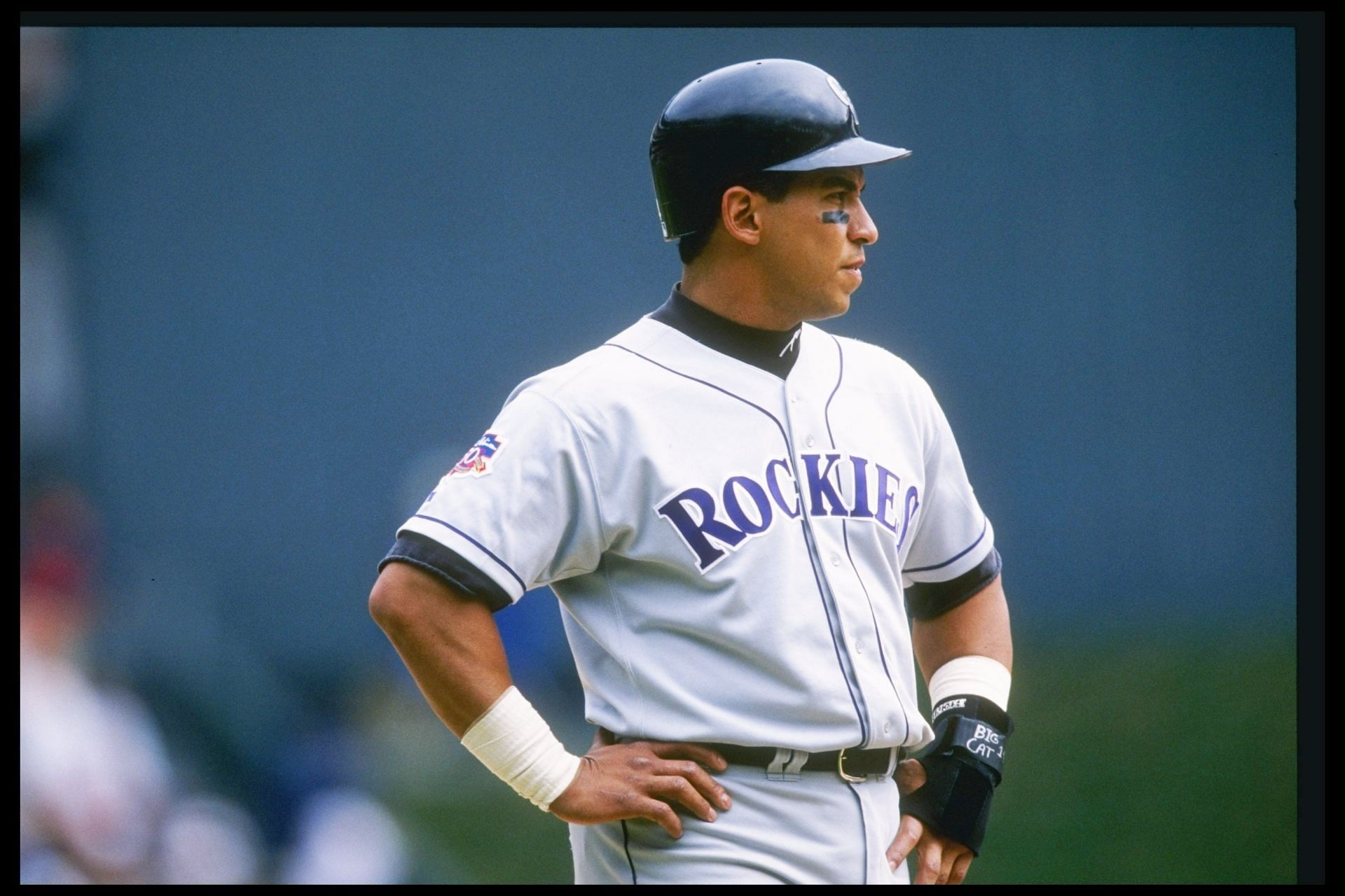 First baseman Andres Galarraga of the Colorado Rockies stands on the field during a game against the St. Louis Cardinals at Busch Stadium in St. Louis, Missouri. The Rockies won the game 4-2. Mandatory Credit: Stephen Dunn /Allsport